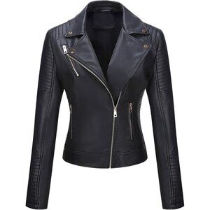 Women's Black Faux Leather Quilted Shoulders & Zipper Classic Biker Jacket